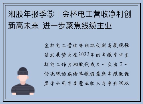 湘股年报季⑤｜金杯电工营收净利创新高未来_进一步聚焦线缆主业