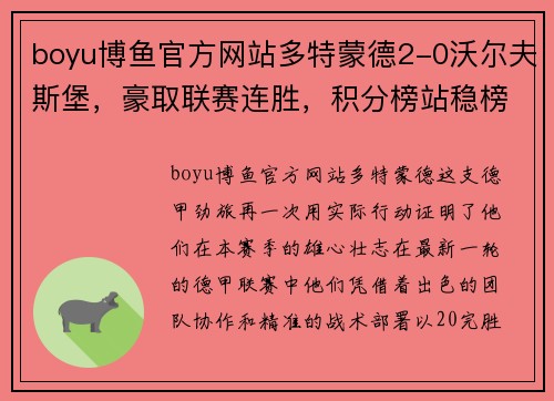 boyu博鱼官方网站多特蒙德2-0沃尔夫斯堡，豪取联赛连胜，积分榜站稳榜首位置 - 副本